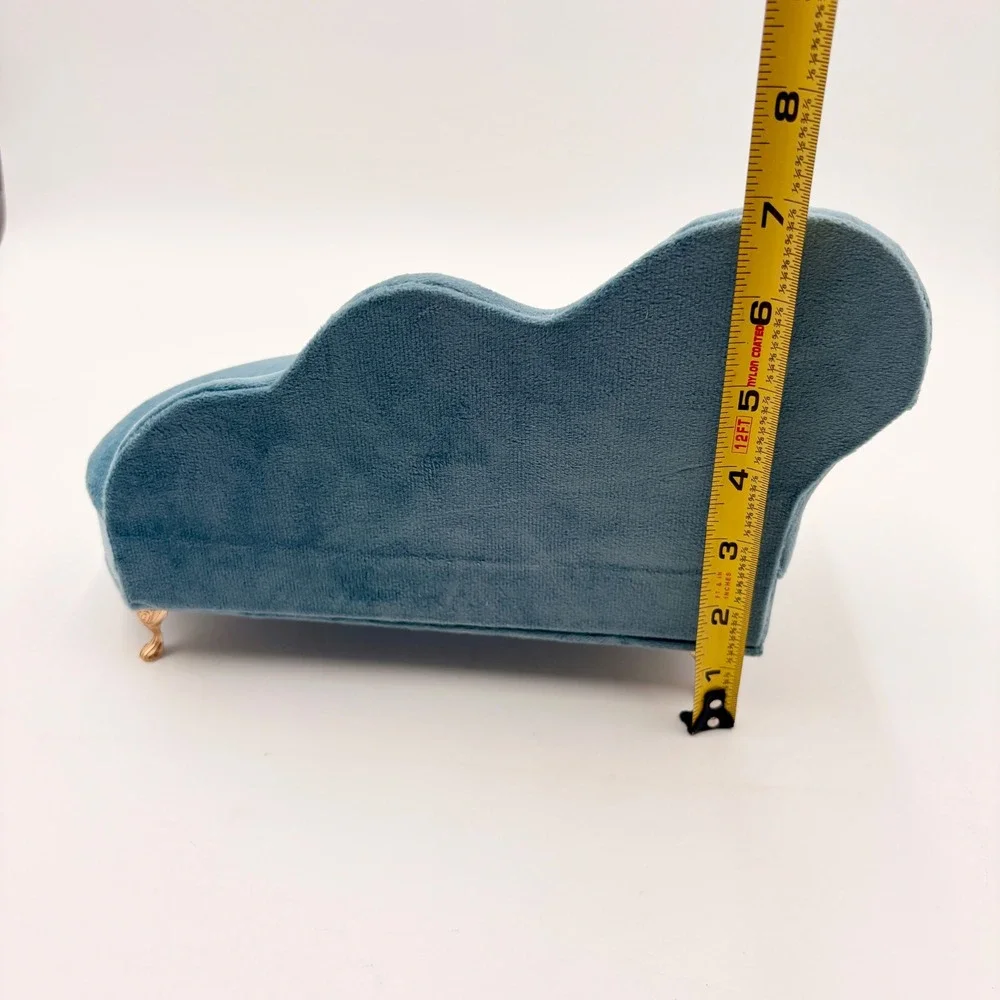 Blue Velvet Miniature Chaise Lounge Jewelry Box Mirror Ring Organizer Rose Gold